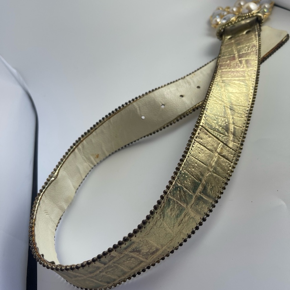 Leatherock Vintage Jeweled Gold Leather Rhinestone Belt Size S - Picture 4 of 16